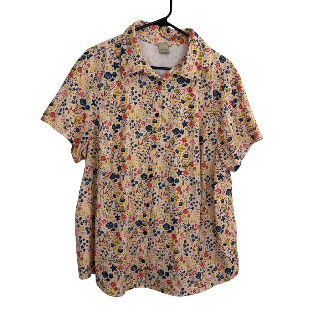 Duluth Trading Co Shirt Womens 1X Pink Garden Sidewinder Floral Print Button Up